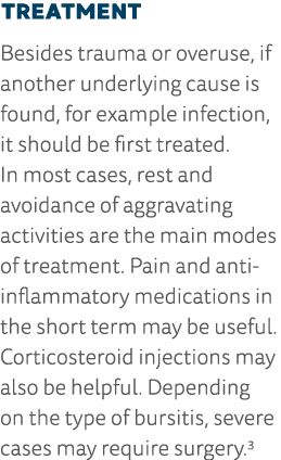 Treatment Besides trauma or overuse, if another underlying cause is found, for example infection, it should be first    