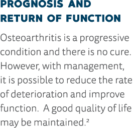 Prognosis and Return of Function Osteoarthritis is a progressive condition and there is no cure   However, with manag   