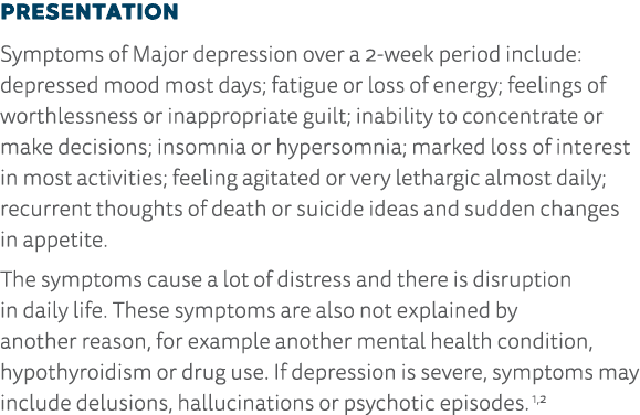 Presentation Symptoms of Major depression over a 2-week period include: depressed mood most days; fatigue or loss of    